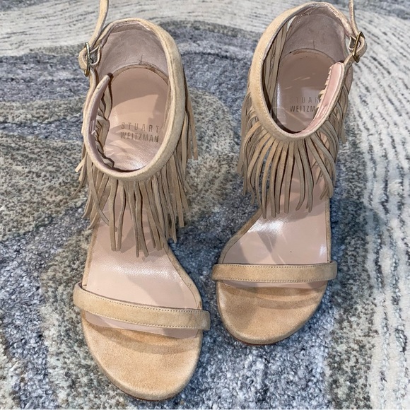STUART WEITZMAN Lovefringe Suede Nudist Ankle Strap Fringe Sandals - Picture 2 of 9